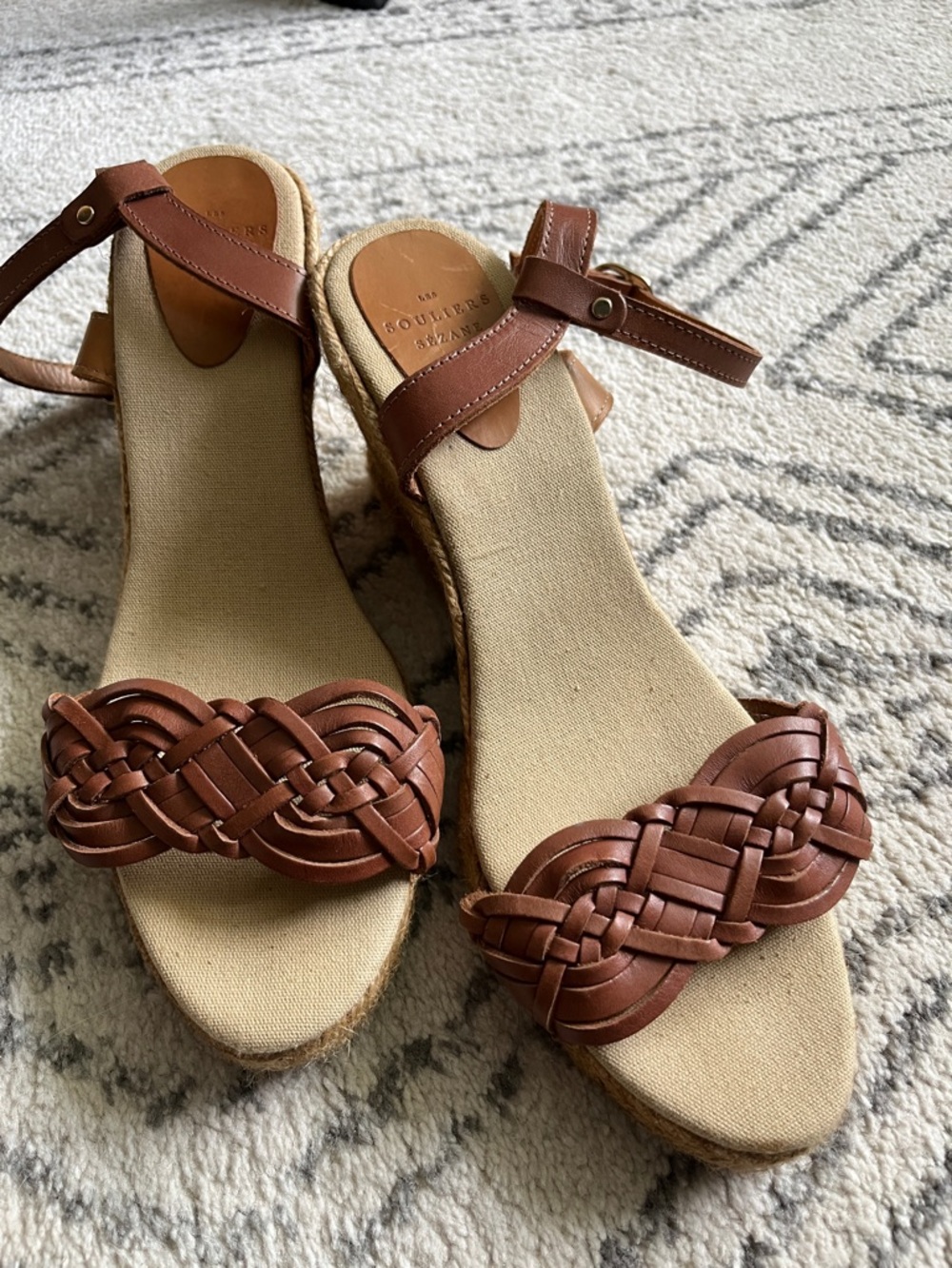 Les Souliers Sezane heritage camel Brown Woven Leather Ankle-Strap Wedge Sandals